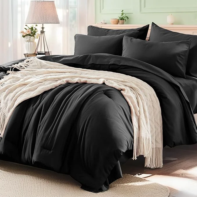 Unique Anluoer King Size Comforter Set – 7 Pieces Bedding Sets King Bed in a Bag Black Bed Set with 1 Comforter 2 Pillow Shams 2 Pillowcases 1 Flat Sheet 1 Fitted Sheet Soft
