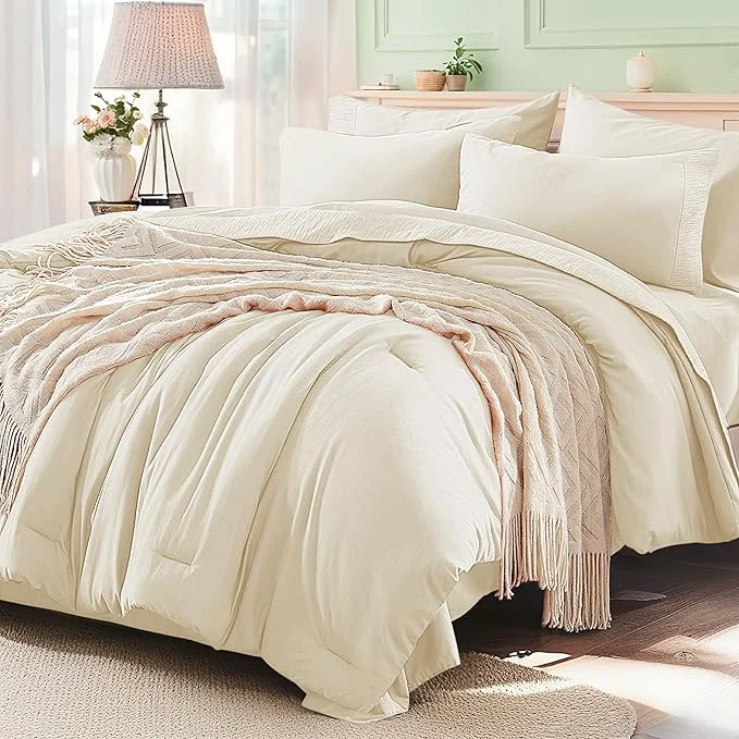 Elite Anluoer Cream Queen Comforter Set 7 Pieces Bed in a Bag with Sheets All Season Bedding Sets with 1 Comforter 2 Pillow Shams 2 Pillowcases 1 Flat Sheet 1 Fitted Sheet Convenient