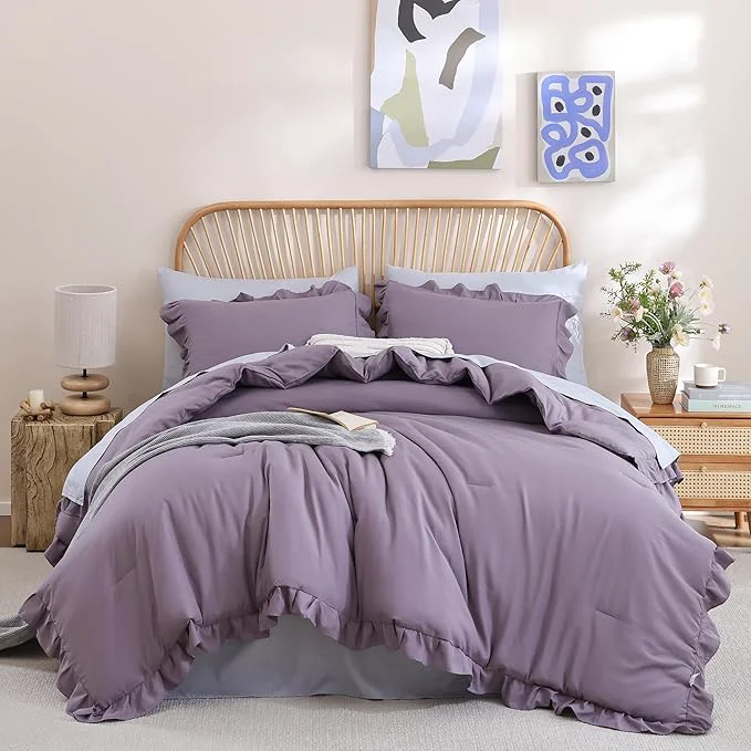 Effective JANZAA King Size Comforter Set Grayish Purple Ruffle Comforter 3PCS Soft Fluffy Boho Comforter Vintage Farmhouse Bed Comforter Set Shabby Chic Bedding with 2 Pillowcases for All Season Luxury