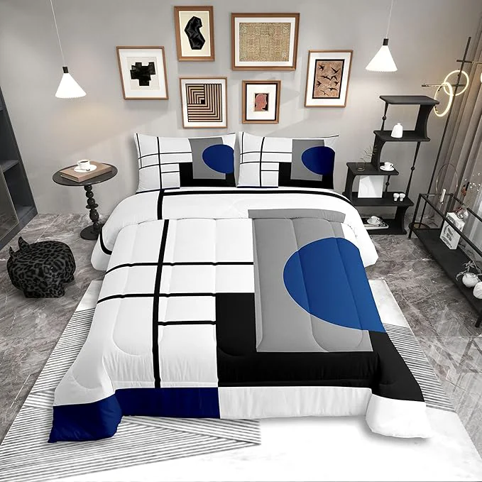 Elite Erosebridal White Black Blue Striped Bedding Set Full Size Boho Modern Geometric Abstract Comforter Set for Adult Women Men Stripes Lines Bed Sets Minimalist Square and Circle Quilt Sets Luxury