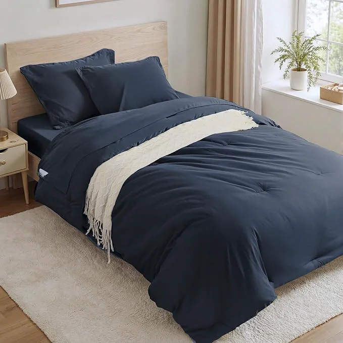 Versatile Anluoer Navy Blue Twin Comforter Set 5 Pieces Bed in a Bag with Sheets All Season Bedding Sets with 1 Comforter 1 Pillow Sham 1 Pillowcase 1 Flat Sheet 1 Fitted Sheet Detailed