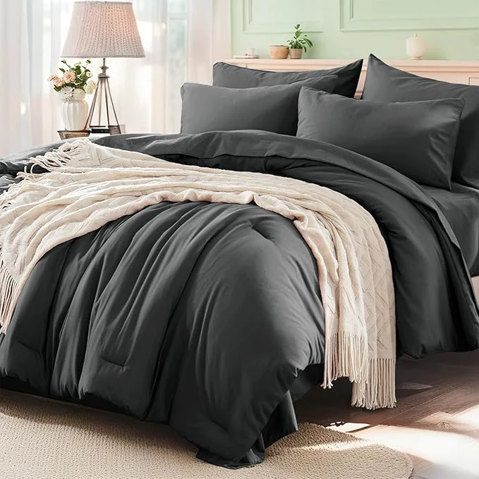 Contemporary Anluoer Dark Grey Queen Comforter Set 7 Pieces Bed in a Bag with Sheets All Season Bedding Sets with 1 Comforter 2 Pillow Shams 2 Pillowcases 1 Flat Sheet 1 Fitted Sheet Advanced