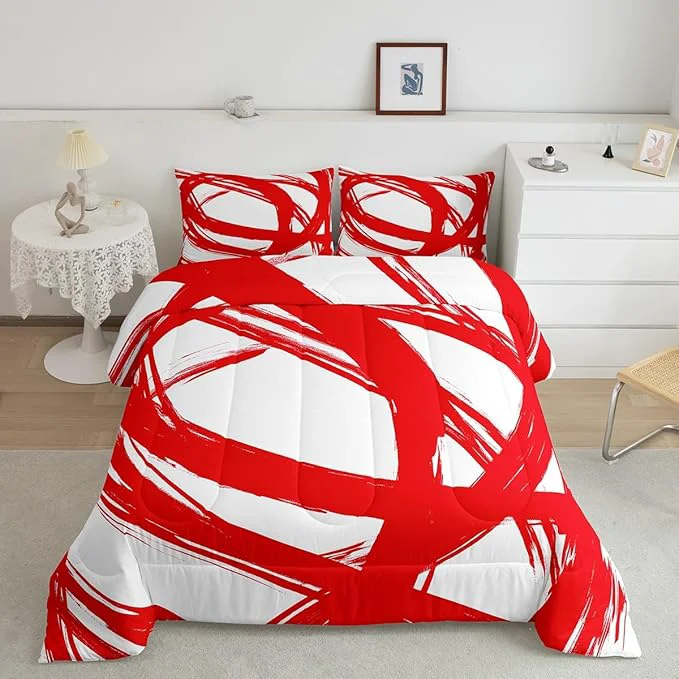 Artisan Red and White Striped Bedding Set Full Size for Adults Youth Teens Contemporary Boho Modern Art Comforter Set Graffiti Stripes Lines Quilt Aesthetic Geometric Duvet Insert for Minimalists Smart