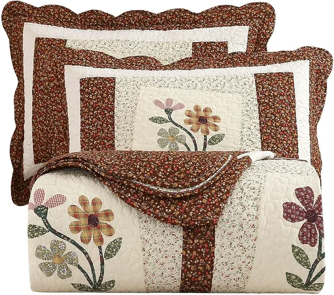 Classic vctops 2 Piece Embroidered Floral Quilted Bedspread Quilt Set Cotton Reversible Patchwork Coverlet Set 1 Quilt and 1 Pillow Sham Coffee Twin Reliable