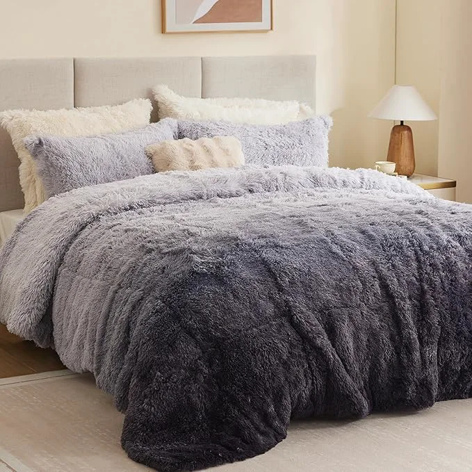 Crafted Intelligent Design Brielle Long Shaggy Faux Fur Comforter Set Plush Reverse Trendy Ombre Design Modern Cozy All Season Bedding Matching Sham King Cal King 104 quot x90 quot Grey 3 Piece Enhanced