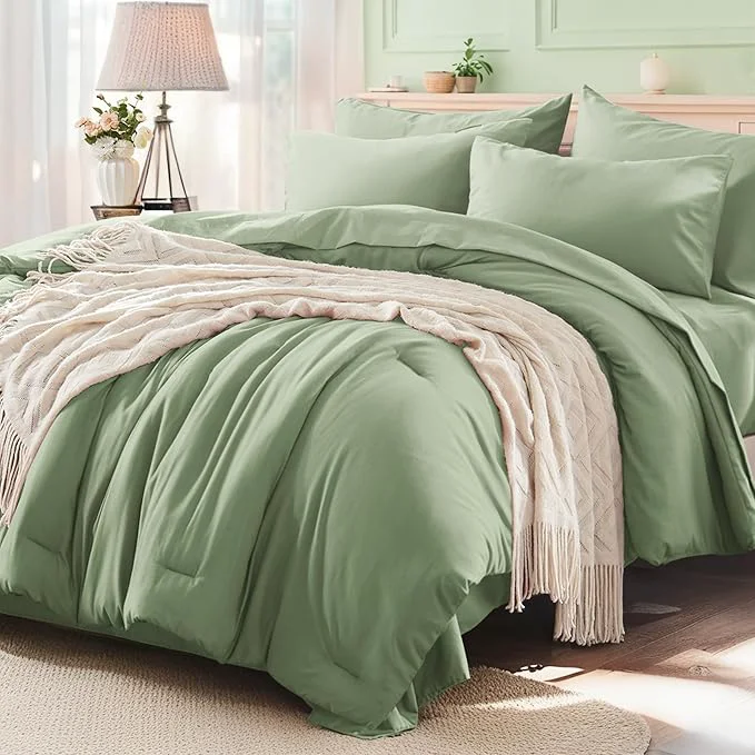 Classic Anluoer Sage Green King Comforter Set 7 Pieces Bed in a Bag with Sheets All Season Bedding Sets with 1 Comforter 2 Pillow Shams 2 Pillowcases 1 Flat Sheet 1 Fitted Sheet Artisan