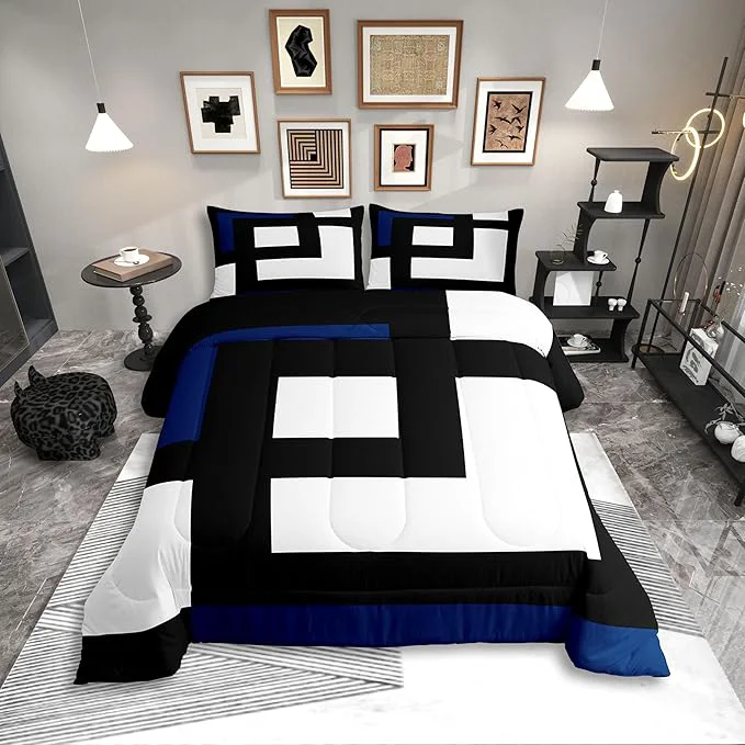 Reusable Erosebridal Blue Black and White Striped Bedding Set Full Size Square Abstract Comforter Set for Adult Women Men Modern Geometric Stripes Bold Lines Bed Sets Minimalist Plaids Quilt Sets Premium Material