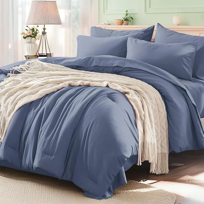 Expertly Made Anluoer Grayish Blue Full Comforter Set 7 Pieces Bed in a Bag with Sheets All Season Bedding Sets with 1 Comforter 2 Pillow Shams 2 Pillowcases 1 Flat Sheet 1 Fitted Sheet Comfortable