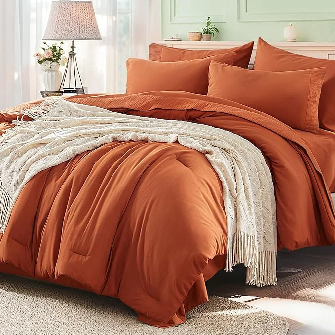 High-Quality Anluoer Burnt Orange Queen Comforter Set 7 Pieces Bed in a Bag with Sheets All Season Bedding Sets with 1 Comforter 2 Pillow Shams 2 Pillowcases 1 Flat Sheet 1 Fitted Sheet Breathable