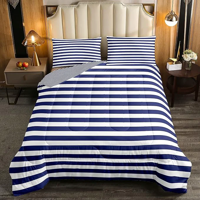 Environmentally Friendly Navy Blue Stripe Comforter Set Full Size White Geometric Ticking Stripes Reversible Down Comforter Farmhouse Horizontal Stripes Gothic Home Decor Duvet Set Modern Abstract Striped Bedding Set Responsible