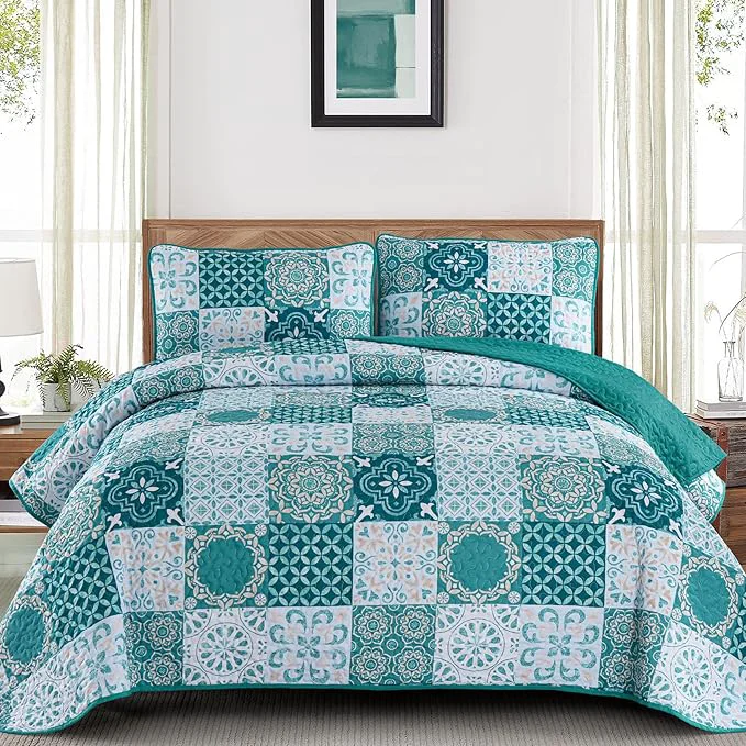 High-Performance Dobuyly Teal Quilt Set Queen Size Boho Turquoise Plaid Patchwork Bedspreads Coverlet Set 3 Pieces Soft Lightweight Microfiber Bohemian Quilt Bedding Set for All Seasons 96 quot x90 quot User-Friendly