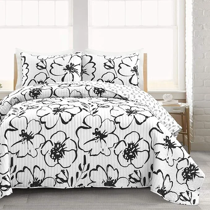 Proven Lush Decor Scandinavian Floral Quilt King Size Reversible 3 Piece Set Black amp White – Floral Bedding Set King Quilt – White Bedding Cottage Core Soft