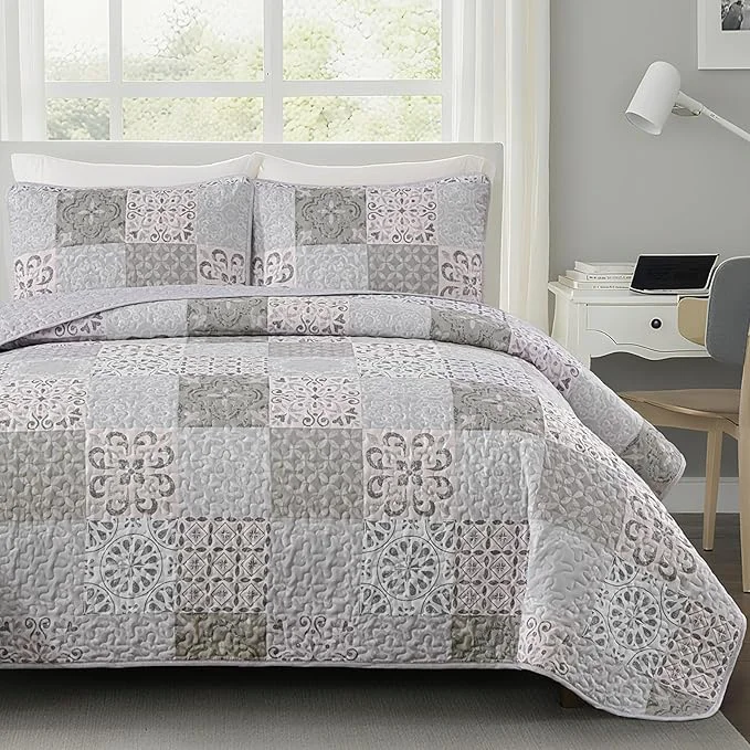 Enhanced Dobuyly King Size Quilt Set Boho Grey Beige Plaid Patchwork Bedspreads Coverlet Set 3 Pieces Reversible Lightweight Microfiber Neutral Quilt Bedding Set for All Seasons 110 quot x90 quot Selected