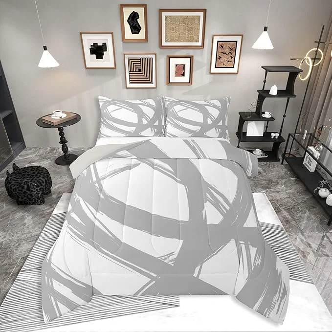 Erosebridal Gray and White Striped King Bedding Set for Kids Teens Adults Geometric Striped Comforter Set for Minimalists Graffiti Aesthetic Lines Duvet Insert Contemporary Boho Modern Art Quilt High-Performance
