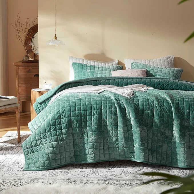 Responsible LEAONME Velvet Quilt King Size-98 39 39 x106 39 39 Lightweight Aqua Green Velvet Comforter Set with 2 Pillow Shams Soft Bedspread Coverlet Quilted Bedding Set for All Season Durable
