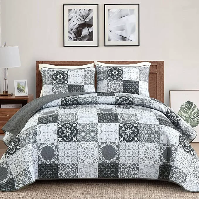 Premium Dobuyly Grey Black Quilt Set King Size Boho Plaid Patchwork Bedspreads Coverlet Set 3 Pieces Soft Lightweight Microfiber Farmhouse Quilt Bedding Set for All Seasons 110 quot x90 quot