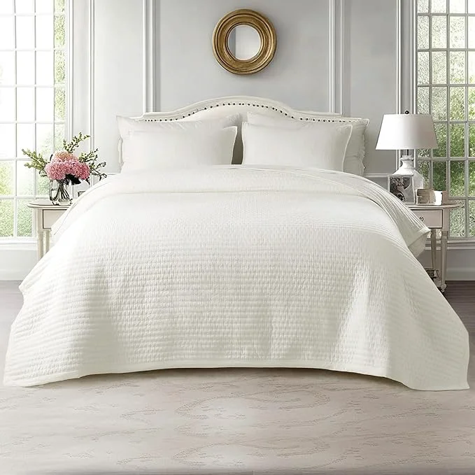 KASENTEX Twin Quilt Set 68 quot x86 quot – Soft Washed 3-Layer Lightweight Bedspread Minimalist Nordic Design All-Season Spring amp Summer Quilt Set 1 Quilt 2 Pillow Shams Cream White Fine