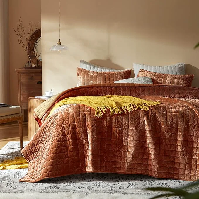 Enhanced LEAONME Velvet Quilt California King-118 39 39 x106 39 39 Lightweight Burnt Orange Velvet Comforter Set with 2 Pillow Shams Soft Oversized Bedspread Coverlet Quilted Bedding Set for All Season Fine Crafted