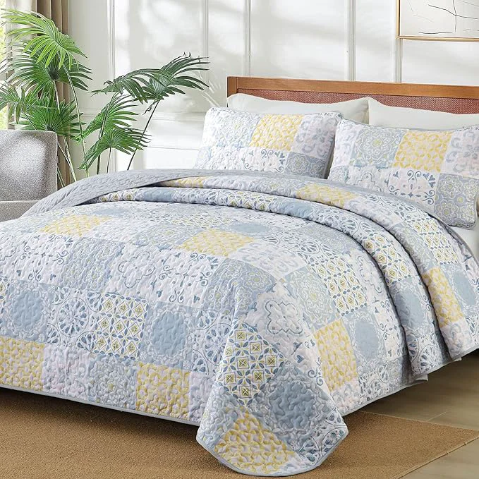 High-Quality Dobuyly California King Quilt Set 3 Pieces Yellow Blue Grey Patchwork Bedspreads Boho Summer Coverlet Set Soft Lightweight Microfiber Cal King Bedding Set for All Seasons 112 quot x96 quot Traditional