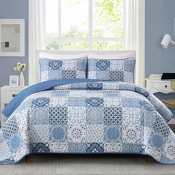Functional Dobuyly Blue Quilt Set King Size Boho Mineral Blue Plaid Patchwork Bedspreads Coverlet Set 3 Pieces Soft Lightweight Microfiber Quilt Bedding Set for All Seasons 110 quot x90 quot Advanced