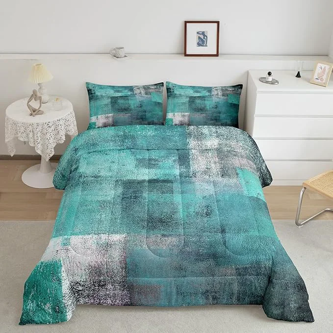 Fine Erosebridal Teal Comforter Set for Kids Boys Girls Mid Century Bedding Set King Oil Painting Bedding Comforter Sets Watercolor Ombre Abstract Art Duvet Insert with 2 Pillowcases Bedroom Decor Sustainable