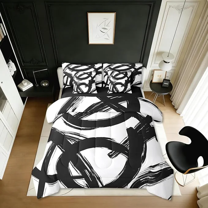 Convenient Erosebridal Black White Abstract 7 Piece Comforter Set Full Bed in A Bag Modern Graffiti Minimalist Line Bedding Set Simple Sketch Cool Unique Geometric Sheet Set Ink Painting Aesthetic Quilt World-Class