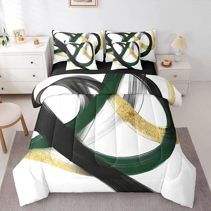 Organic Erosebridal Abstract Black Gold 7 Piece Comforter Set Queen Geometric Green Minimalist Lines Bedding Set Modern Ink Painting Stripes Quilt Simple Aesthetic Fashion Neutral Sheet Set for Men Sustainable