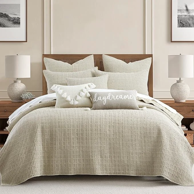 Clean Levtex Home Mills Waffle King Cal King Quilt Set 106x92in with 2 Pillow Shams 36x20in – Wheat – Cotton Waffle King Size Quilt Bedding Set – Lightweight Soft Pre-Washed Textured Excellent