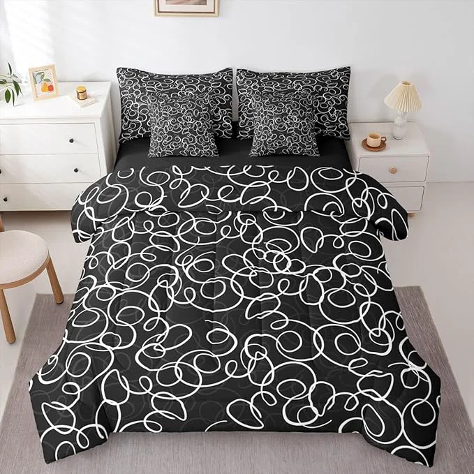 Practical Erosebridal Black White Geometric 7 Piece Comforter Set King Abstract Line Modern Art Bedding Set for Kids Teens Boys Chic Swirls Bed in A Bag Texture Artwork Sheet Set Bedroom Decor Elite