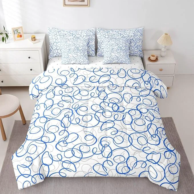 Enhanced Erosebridal Blue White Geometric 7 Piece Comforter Set Full Abstract Line Modern Art Bedding Set for Kids Teens Boys Chic Swirls Bed in A Bag Texture Artwork Sheet Set Bedroom Decor High-End