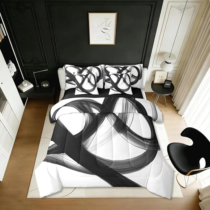 Recyclable Erosebridal Abstract Modern Black White 7 Piece Comforter Set Twin Bed in A Bag Neutral Minimalist Lines Bedding Set for Boys Men Geometric Sheet Set Contemporary Art Simple Quilt Room Decor Traditional