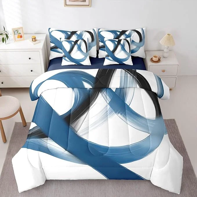 Pure Erosebridal Abstract Navy Blue 7 Piece Comforter Set Twin Bed in A Bag Geometric Minimalist Lines Bedding Set Modern Ink Painting Stripes Quilt Simple Aesthetic Fashion Neutral Sheet Set for Men Easy-to-Use