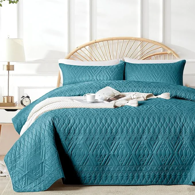 Excellent akkialla King Cal King Quilt Set Teal Lightweight Microfiber Bedspread Coverlet Boho Geometric Pattern Soft All-Season Bedding 3-Piece 1 Quilt 2 Pillow Shams Breathable fabric Modern style Functional