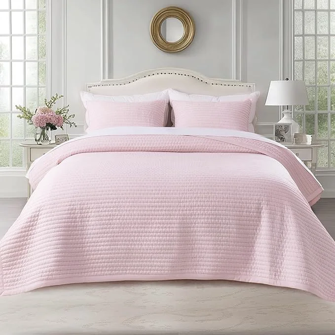 Convenient KASENTEX King XL Quilt Set 108 quot x98 quot – Soft Washed 3-Layer Lightweight Bedspread Minimalist Nordic Design All-Season Spring amp Summer Quilt Set 1 Quilt 2 Pillow Shams Pink Superior