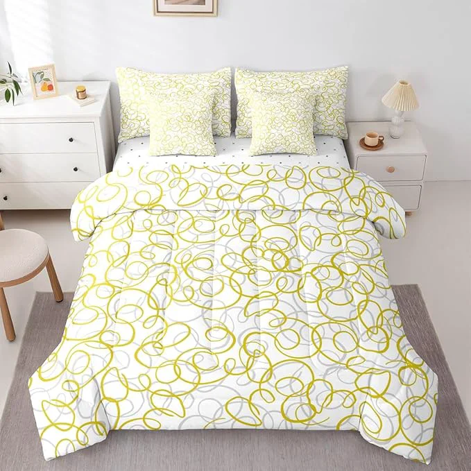 Sophisticated Erosebridal Geometric 7 Piece Comforter Set King Bed in A Bag Yellow White Abstract Lines Bedding Set for Boys Girls Bedroom Modern Abstract Texture Quilt Contemporary Swirls Aesthetic Sheet Set Genuine