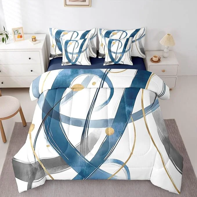 Premium Material Erosebridal Blue Abstract 7 Piece Comforter Set King Modern Gold Grey Line Bedding Set Minimalist Simple Cool Unique Geometric Comforter for Man Teens Fashion Aesthetic Sheet Set Room Decor Proven
