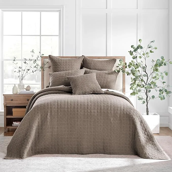 High-Grade Levtex Home Mills Waffle Queen Bedspread Set 106x106in with 2 Pillow Shams 26x20in – Cocoa – Cotton Waffle Queen Size Bedspread Set – Lightweight Soft Pre-Washed High-End