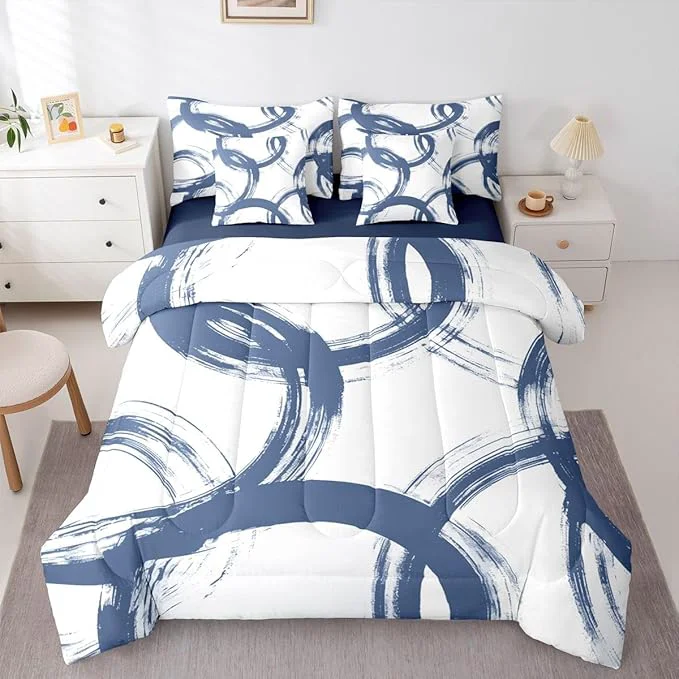 Soft Erosebridal Blue and White 7 Piece Comforter Set Full Abstract Line Ink Painting Bedding Set for Kids Boys Girls Simple Minimalist Graffiti Art Modern Geometric Sheet Set Boho Cool Unique Mens Quilt Superior
