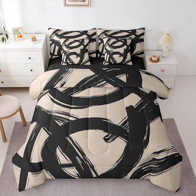 Reusable Erosebridal Black Beige Abstract 7 Piece Comforter Set Full Bed in A Bag Modern Graffiti Minimalist Line Bedding Set Simple Cool Unique Geometric Sketch Sheet Set Ink Painting Aesthetic Quilt Casual