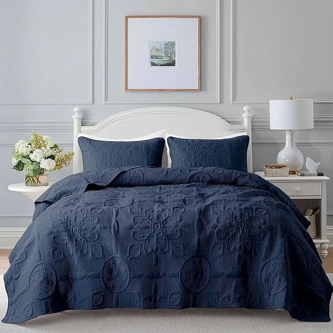 Efficient B2EVER Navy Blue Damask Quilt Twin Size Bedding Sets with 1 Pillow Sham Boho Bedspread Lightweight Soft Farmhouse Vintage Bohemian Coverlet Retro Jacquard Pattern Bed Cover for All Season 2 Pieces Elegant