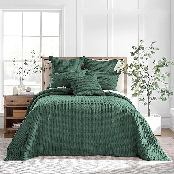 User-Friendly Levtex Home Mills Waffle King Bedspread Set 120x104in with 2 Pillow Shams 36x20in – Forest Green – Cotton King Size Bedspread Set – Soft Pre-Washed
