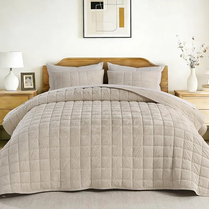 Top-Quality KASENTEX Greek Velvet Queen Quilt Set 3× Softer Luxe Sheen Cotton Backing 150GSM Down- Fill Expanded 98×98 quot Coverage for Fuller Side Drape 1 Quilt 2 Pillow Shams Sandshell First-Class