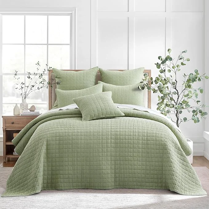 High-Grade Levtex Home Mills Waffle Queen Bedspread Set 104x106in with 2 Pillow Shams 26x20in – Desert Sage – Cotton Queen Size Bedspread Set – Lightweight Soft Pre-Washed Artisan