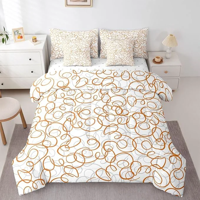 Healthy Erosebridal Geometric 7 Piece Comforter Set King Bed in A Bag Orange White Abstract Lines Bedding Set for Boys Girls Bedroom Modern Abstract Texture Quilt Contemporary Swirls Aesthetic Sheet Set Advanced