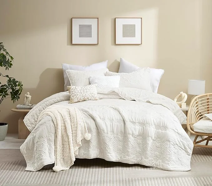 Efficient Boho Ivory Quilt Queen Size Bedding Sets with Pillow Sham Bohemian Lightweight Soft Bedspread Coverlet Cream Farmhouse Floral Vintage Thin Comforter Bed Cover All Season 3 Pieces 90×90 inches Reliable