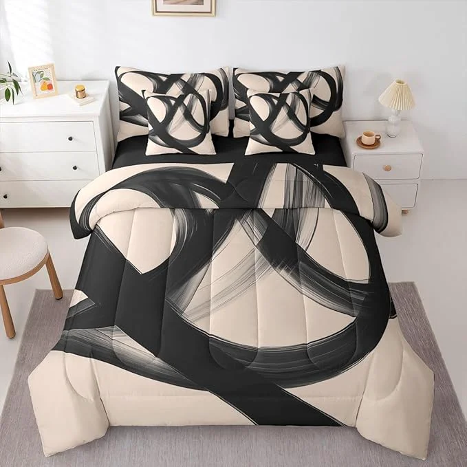 Flexible Erosebridal Abstract Modern Black Beige 7 Piece Comforter Set Twin Bed in A Bag Neutral Minimalist Lines Bedding Set for Boys Men Geometric Sheet Set Contemporary Art Simple Quilt Room Decor Relaxed