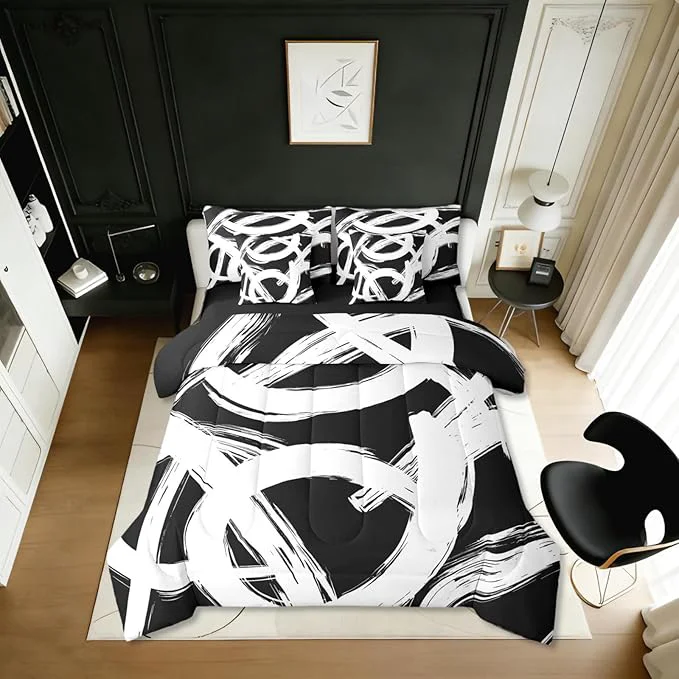 Certified Erosebridal White Black Abstract 7 Piece Comforter Set Full Geometric Simple Sketch Bedding Set Modern Graffiti Minimalist Line Comforter Cool Unique Fashion Sheet Set Contemporary Room Decor Natural