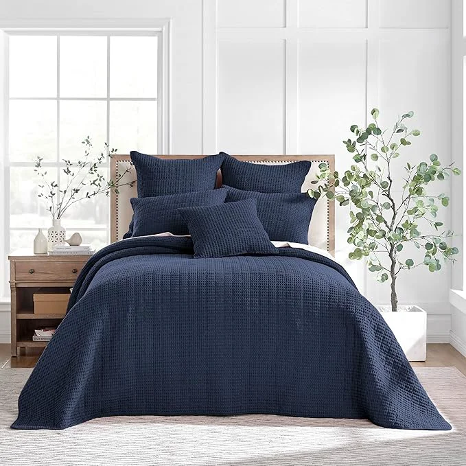 Classic Levtex Home Mills Waffle Queen Bedspread Set 104x106in with 2 Pillow Shams 26x20in – Navy – Cotton Queen Size Bedspread Set – Lightweight Soft Pre-Washed Outstanding