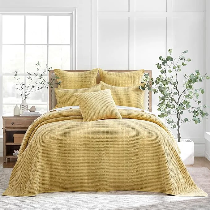 Comfortable Levtex Home Mills Waffle Twin Bedspread Set 84x104in with 1 Pillow Sham 26x20in – Ochre – Cotton Waffle Twin Size Bedspread Set – Lightweight Soft Pre-Washed Premium