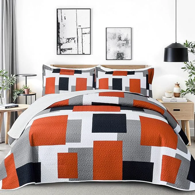 Casual 3 Piece Orange Grey Quilt Set King Size Black White Gray Geometric Reversible Bedding Set Microfiber Lightweight Bedspread Coverlet with 2 Shams Modern Bed Covers for All Season 106 39 39 x96 39 39 World-Class